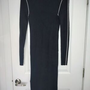 Black Long Sleeve Ribbed Midi Dress with Contrast Piping